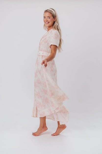 Gracie Button Down Midi Dress with Belt in Pink Floral - Nursing Friendly