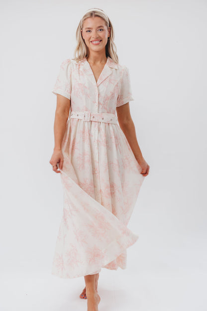 Gracie Button Down Midi Dress with Belt in Pink Floral - Nursing Friendly