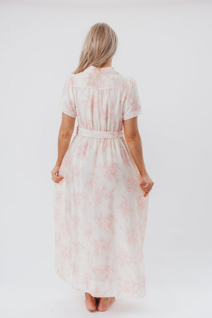 Gracie Button Down Midi Dress with Belt in Pink Floral - Nursing Friendly