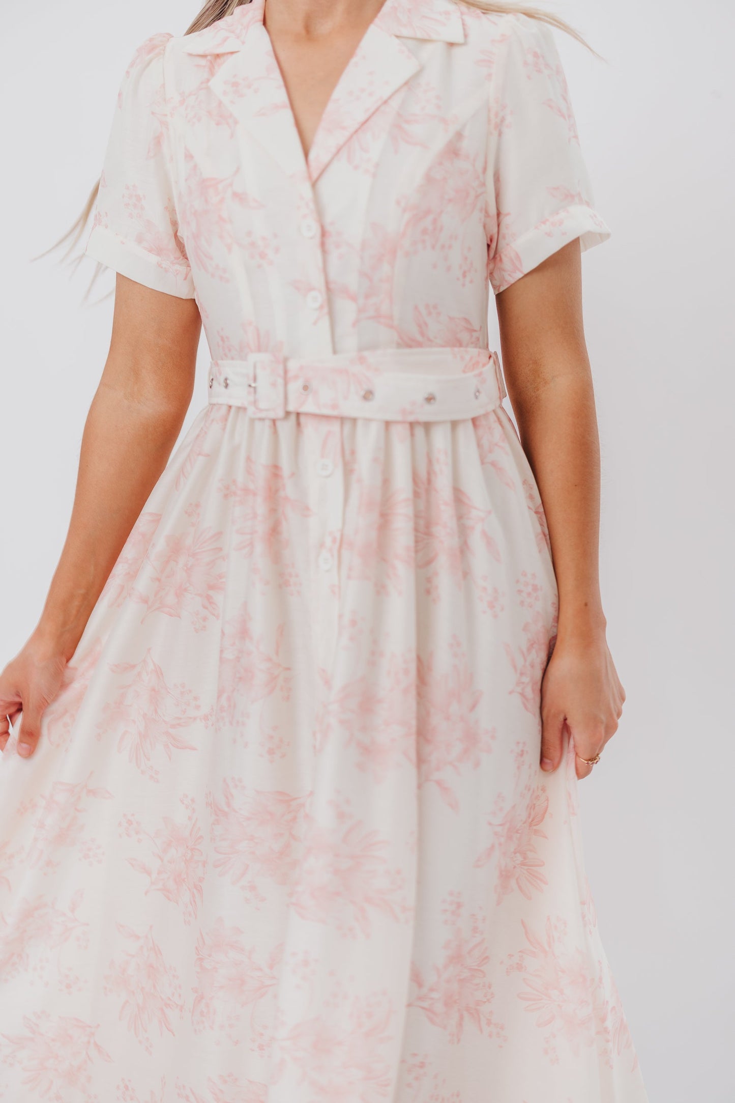 Gracie Button Down Midi Dress with Belt in Pink Floral - Nursing Friendly