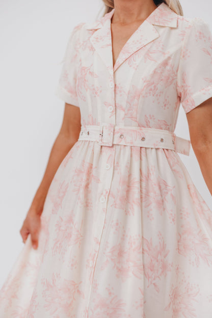 Gracie Button Down Midi Dress with Belt in Pink Floral - Nursing Friendly