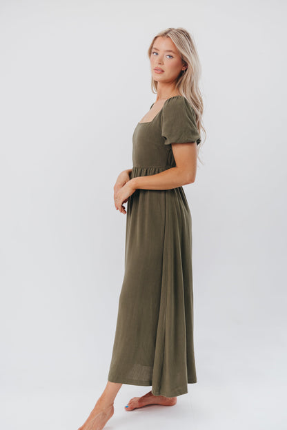 Ainsley Square Neck Midi Dress with Puffed Sleeves in Hunter Green - Bump Friendly