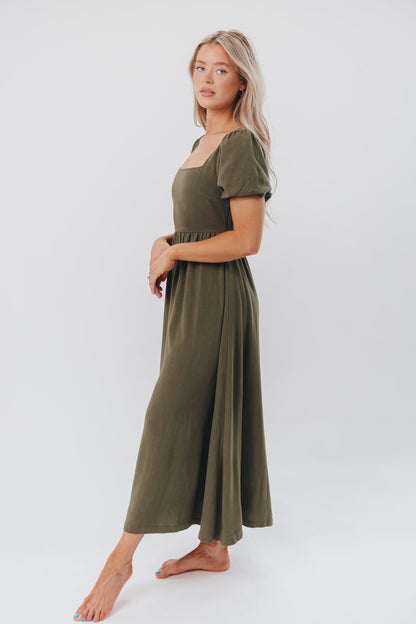 Ainsley Square Neck Midi Dress with Puffed Sleeves in Hunter Green - Bump Friendly