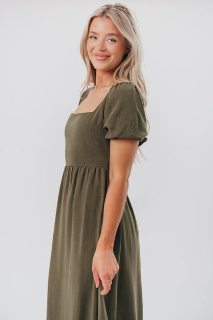 Ainsley Square Neck Midi Dress with Puffed Sleeves in Hunter Green - Bump Friendly