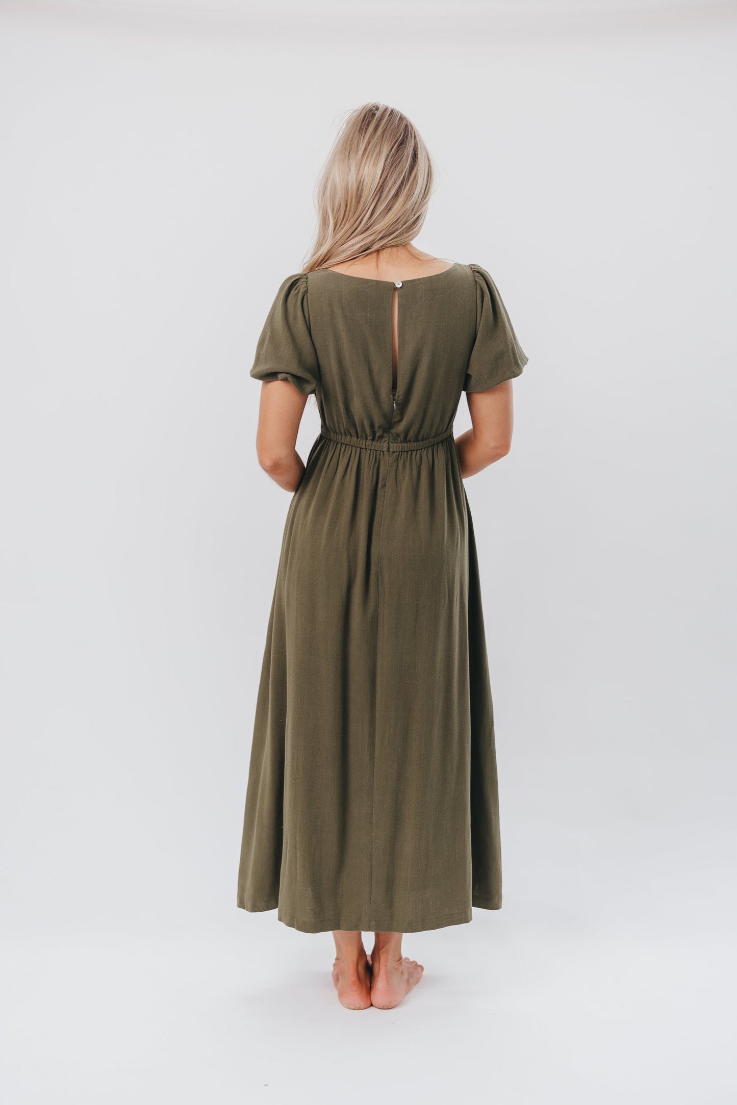 Ainsley Square Neck Midi Dress with Puffed Sleeves in Hunter Green - Bump Friendly