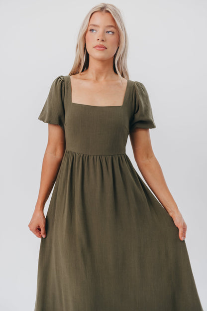 Ainsley Square Neck Midi Dress with Puffed Sleeves in Hunter Green - Bump Friendly