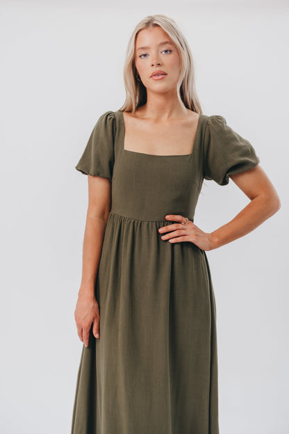 Ainsley Square Neck Midi Dress with Puffed Sleeves in Hunter Green - Bump Friendly