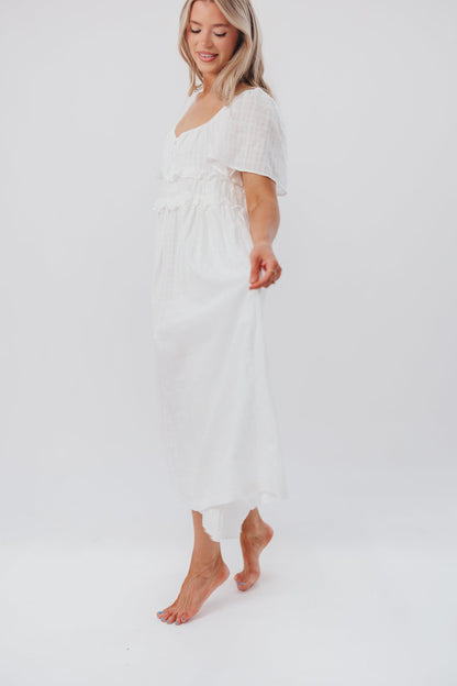 Madeline Empire Waisted Midi Dress with Ruffle Detail in Off-White