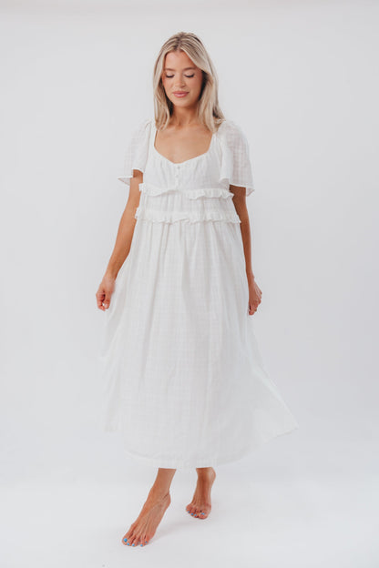 Madeline Empire Waisted Midi Dress with Ruffle Detail in Off-White