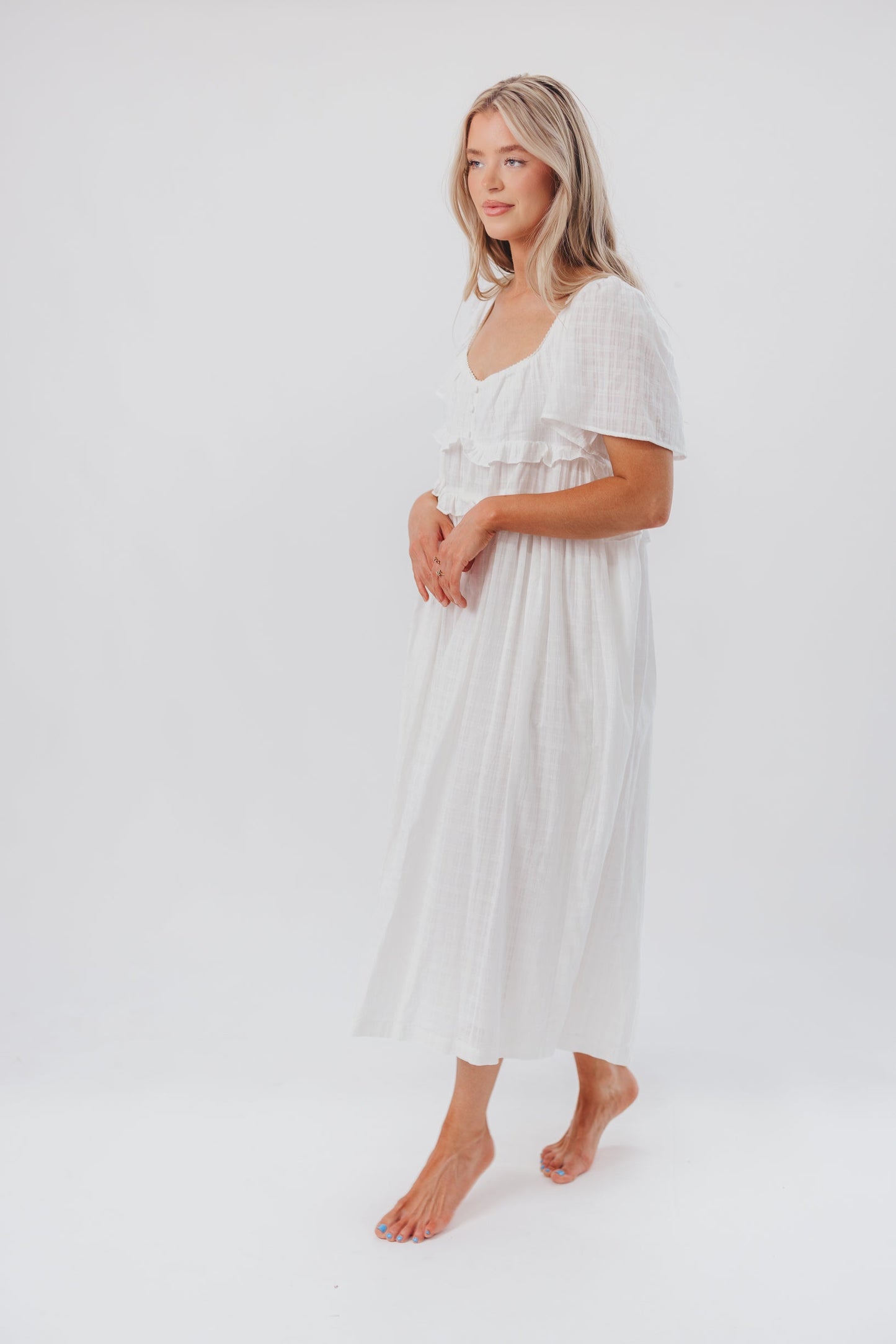 Madeline Empire Waisted Midi Dress with Ruffle Detail in Off-White