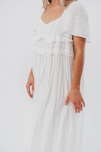 Madeline Empire Waisted Midi Dress with Ruffle Detail in Off-White