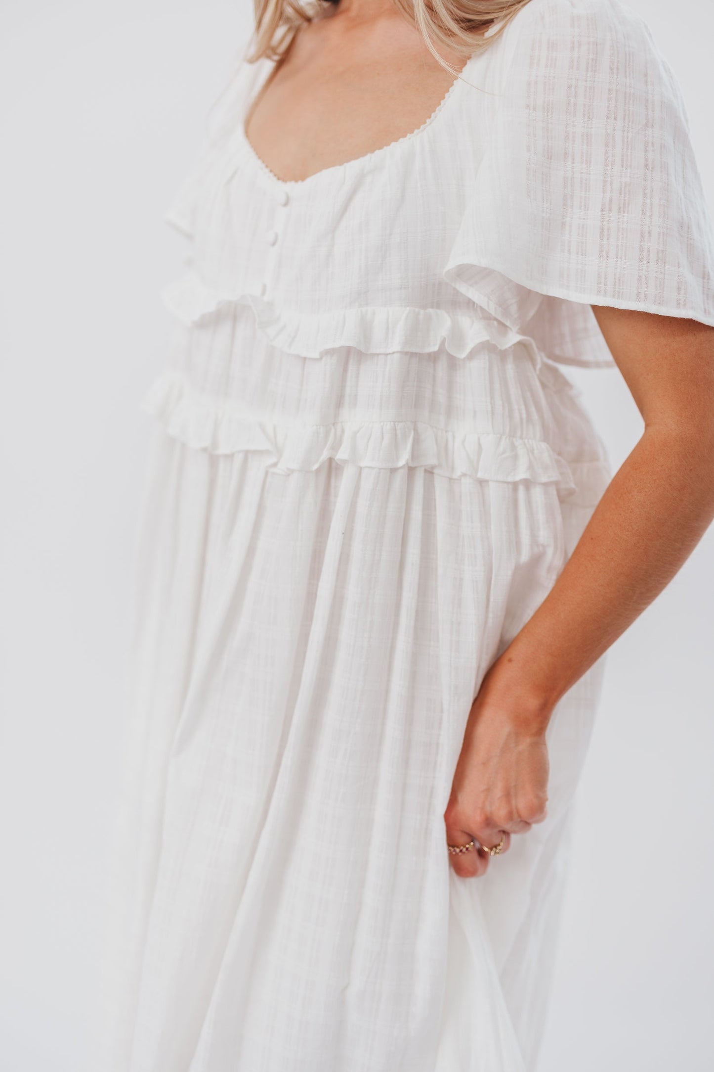 Madeline Empire Waisted Midi Dress with Ruffle Detail in Off-White