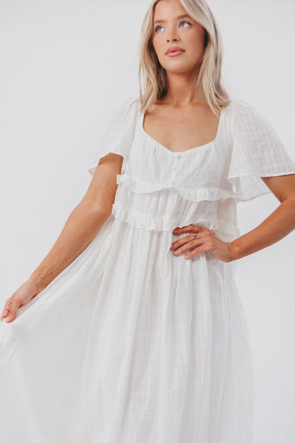 Madeline Empire Waisted Midi Dress with Ruffle Detail in Off-White