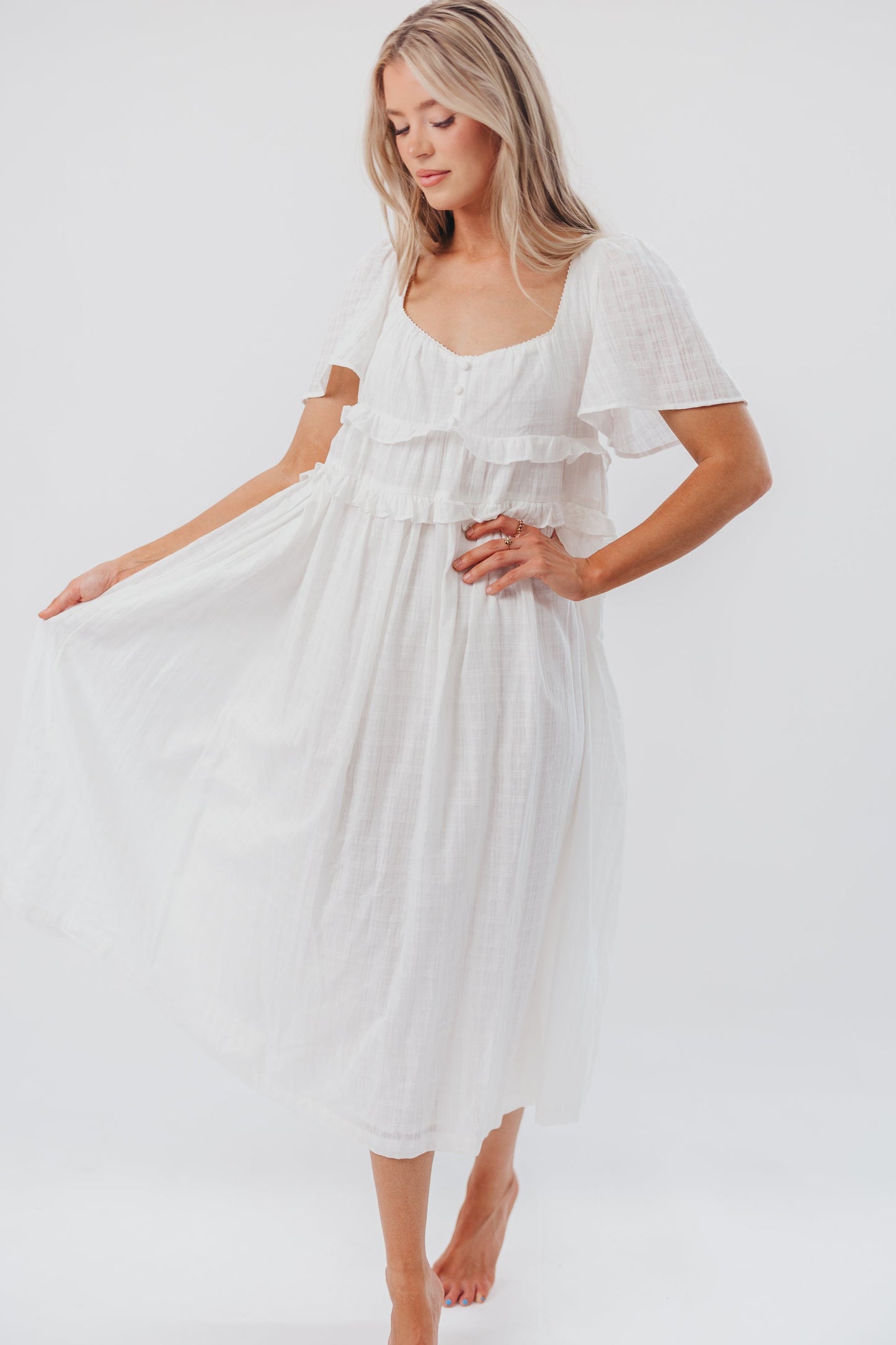 Madeline Empire Waisted Midi Dress with Ruffle Detail in Off-White