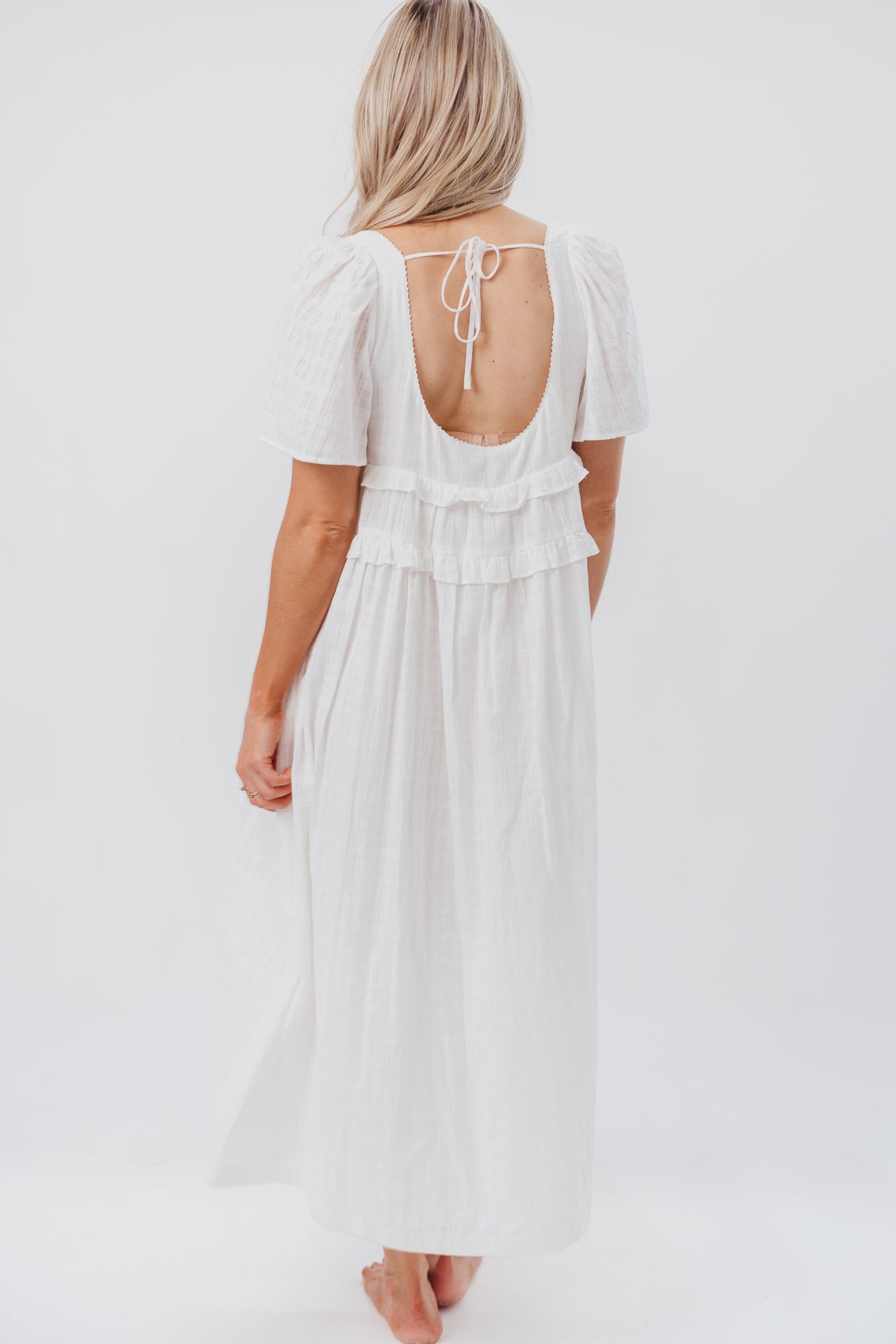 Madeline Empire Waisted Midi Dress with Ruffle Detail in Off-White