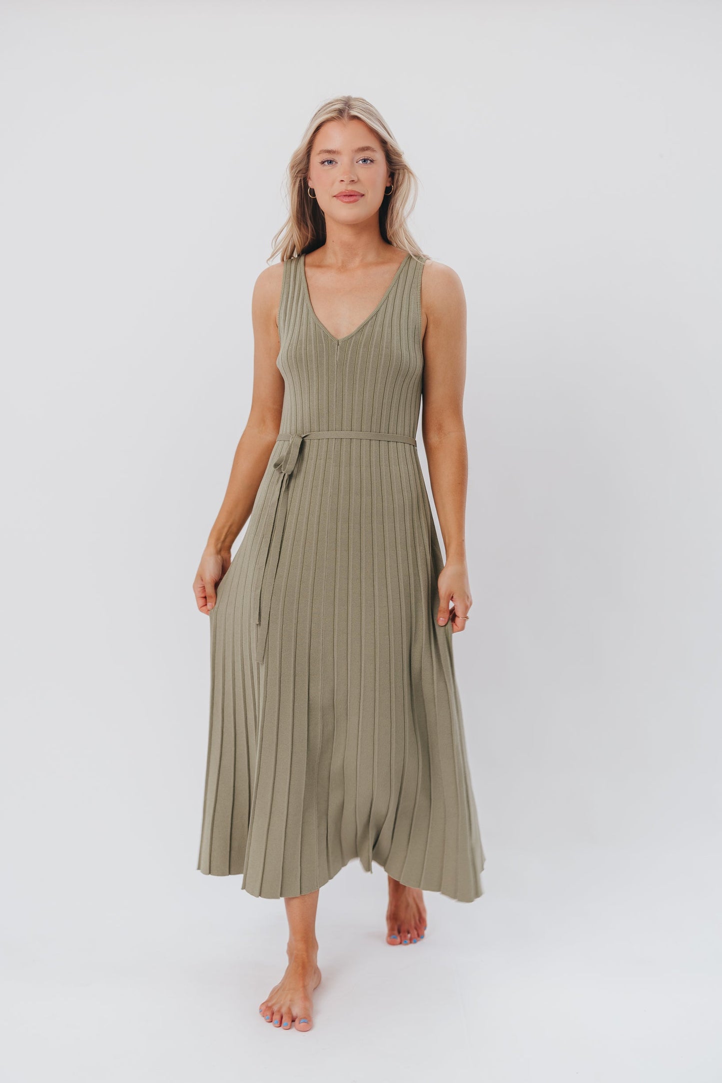 Marissa Knit Maxi Dress with Pleated Skirt and Tie Waist in Light Olive