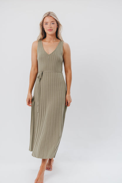 Marissa Knit Maxi Dress with Pleated Skirt and Tie Waist in Light Olive