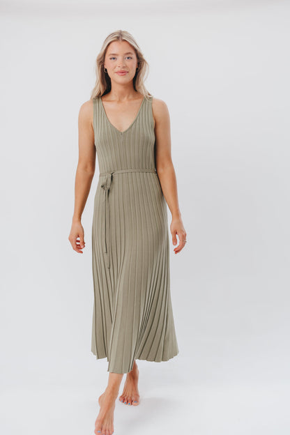 Marissa Knit Maxi Dress with Pleated Skirt and Tie Waist in Light Olive