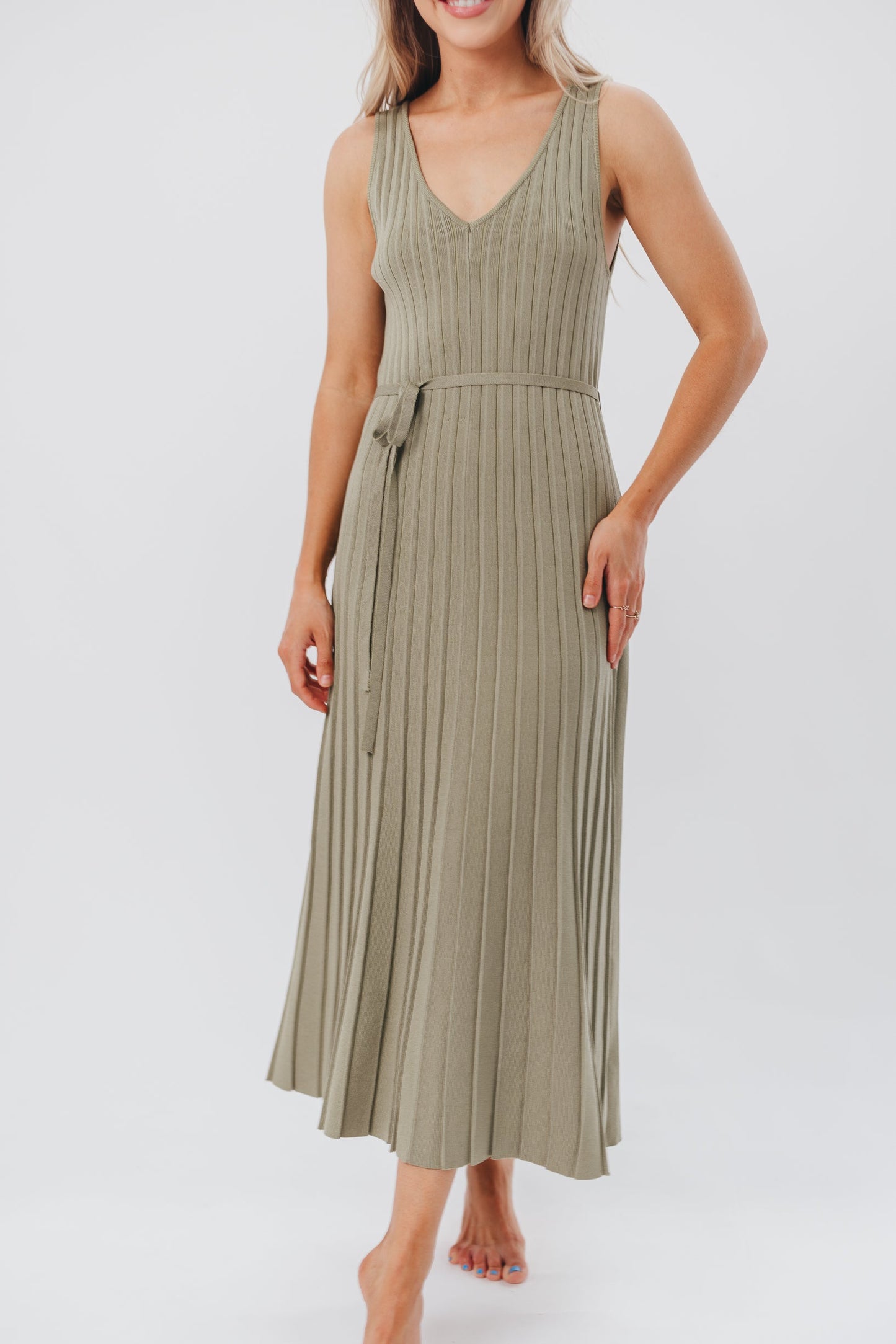 Marissa Knit Maxi Dress with Pleated Skirt and Tie Waist in Light Olive