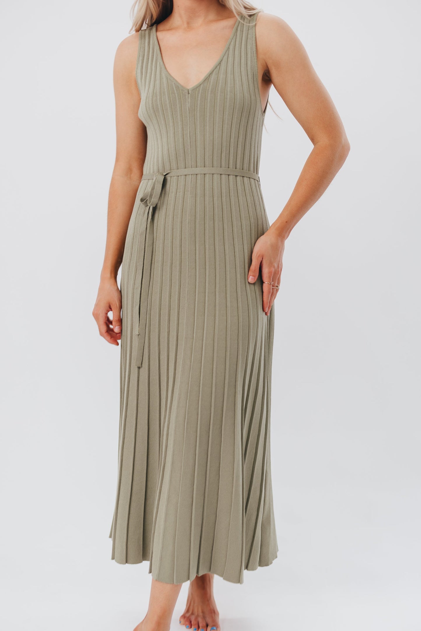 Marissa Knit Maxi Dress with Pleated Skirt and Tie Waist in Light Olive