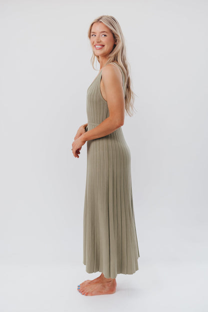 Marissa Knit Maxi Dress with Pleated Skirt and Tie Waist in Light Olive