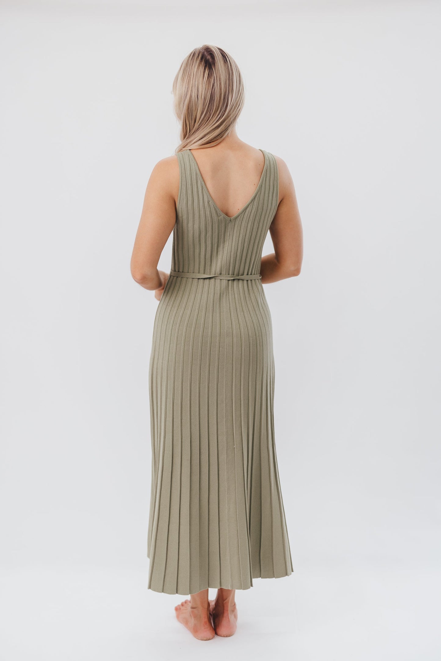 Marissa Knit Maxi Dress with Pleated Skirt and Tie Waist in Light Olive