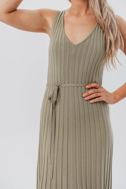 Marissa Knit Maxi Dress with Pleated Skirt and Tie Waist in Light Olive