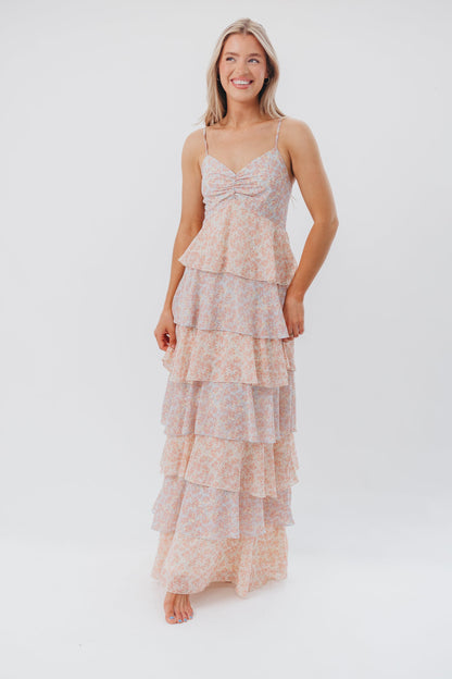 Pheobe Multi-Tiered Maxi Dress in Pastel Multi Floral