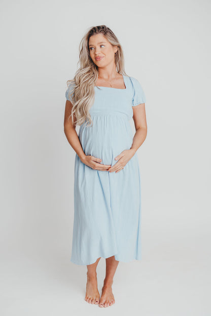 August Open Back Midi Dress in Baby Blue - Bump Friendly