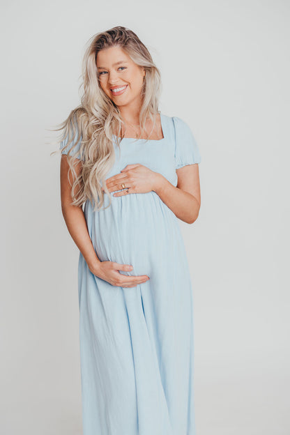 August Open Back Midi Dress in Baby Blue - Bump Friendly