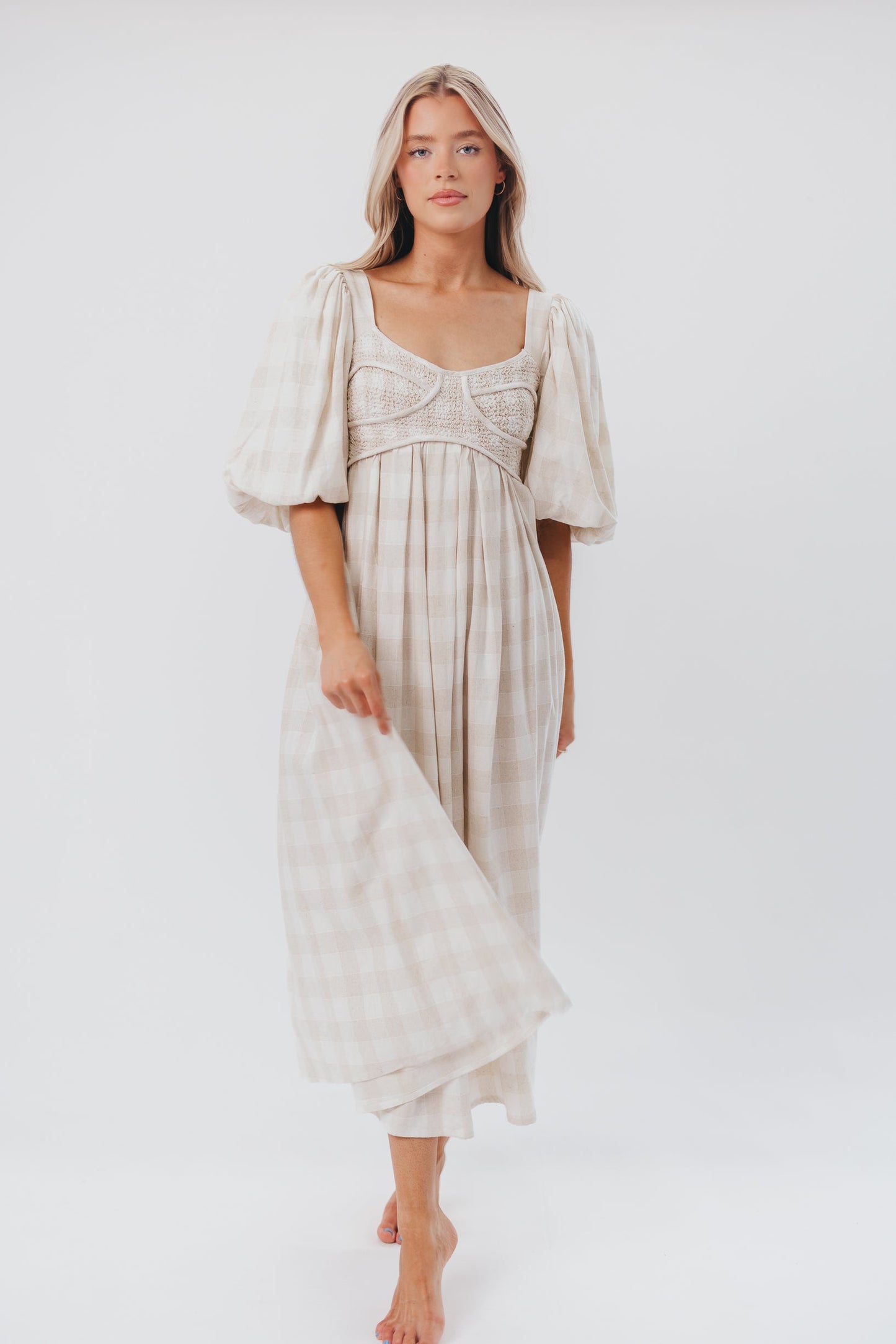 Harlow Maxi Dress in Natural Plaid - Bump Friendly (S-XL)