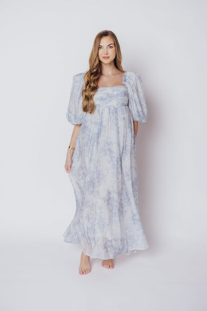 Melody Maxi Dress with Pleats and Bow Detail in Blue Floral - Bump Friendly & Inclusive Sizing (S-3XL) Restocking Early August