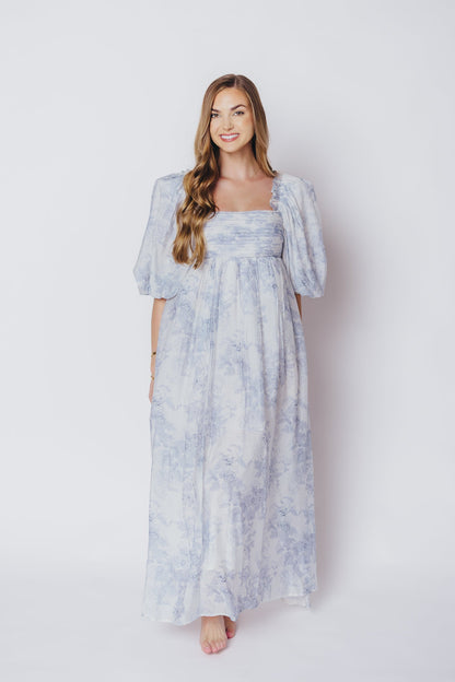 Melody Maxi Dress with Pleats and Bow Detail in Blue Floral - Bump Friendly & Inclusive Sizing (S-3XL) Restocking Early August