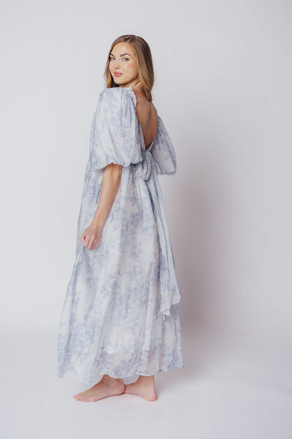 Melody Maxi Dress with Pleats and Bow Detail in Blue Floral - Bump Friendly & Inclusive Sizing (S-3XL) Restocking Early August