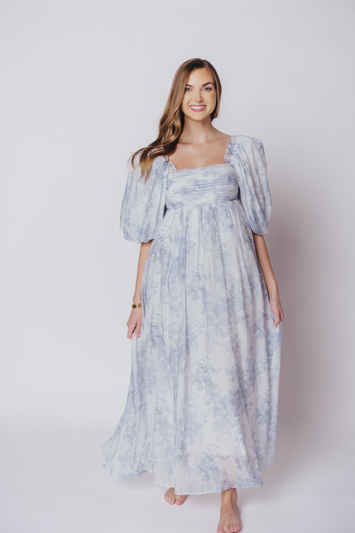 Melody Maxi Dress with Pleats and Bow Detail in Blue Floral - Bump Friendly & Inclusive Sizing (S-3XL) Restocking Early August