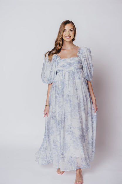 Melody Maxi Dress with Pleats and Bow Detail in Blue Floral - Bump Friendly & Inclusive Sizing (S-3XL) Restocking Early August