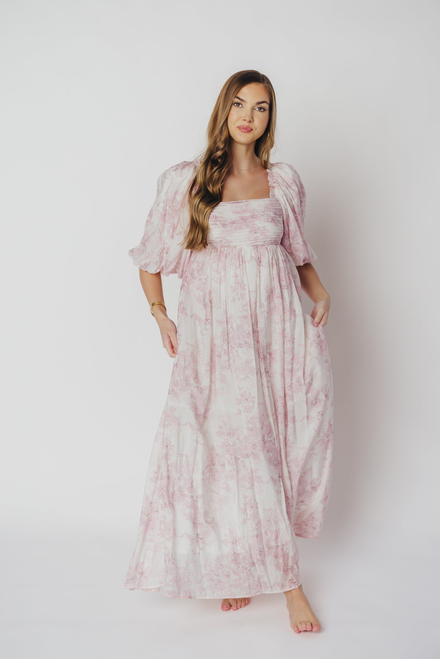 Melody Maxi Dress with Pleats and Bow Detail in Pink Toile - Bump Friendly & Inclusive Sizing (XL-3XL)