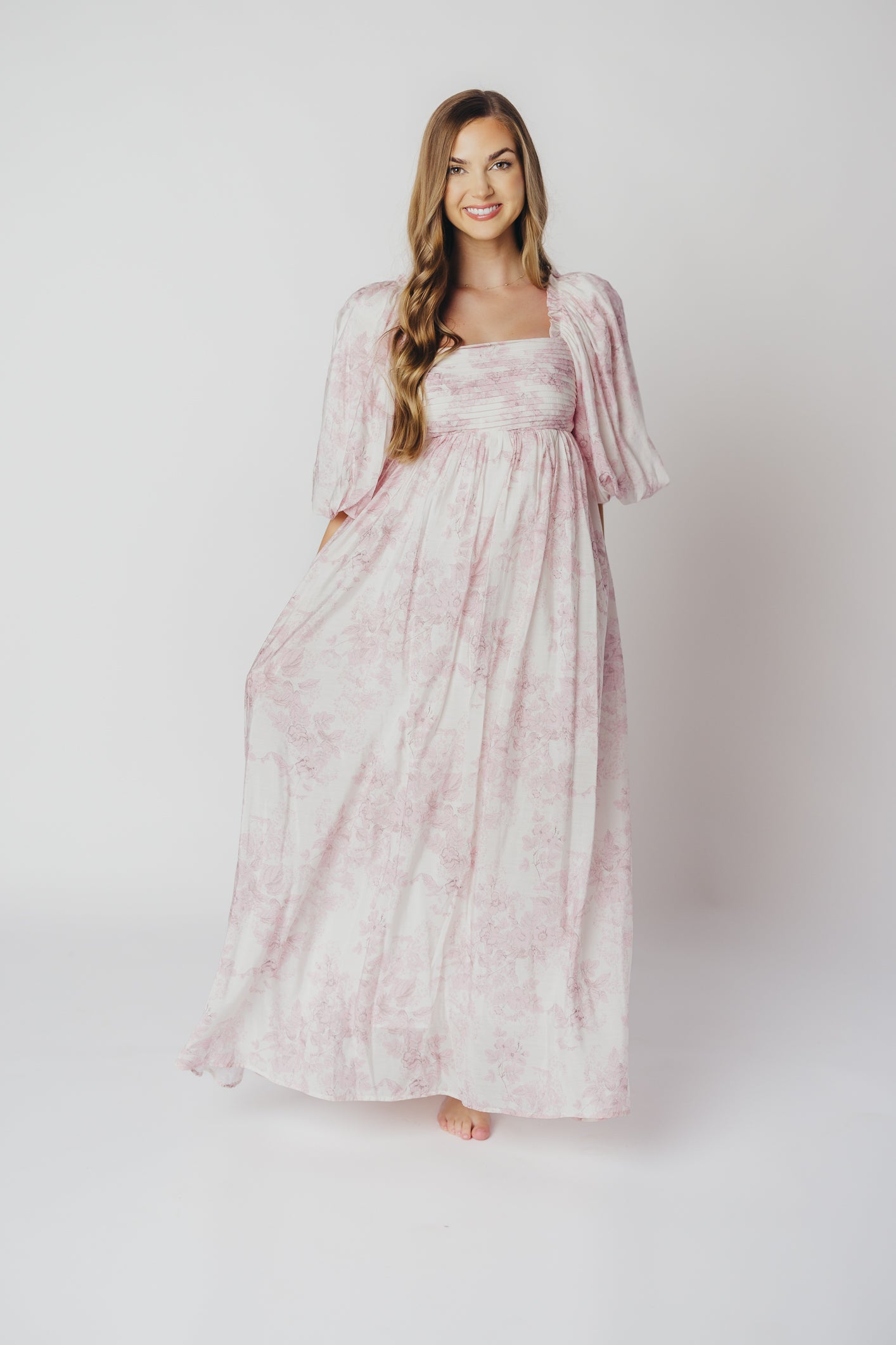 Melody Maxi Dress with Pleats and Bow Detail in Pink Toile - Bump Friendly & Inclusive Sizing (XL-3XL)