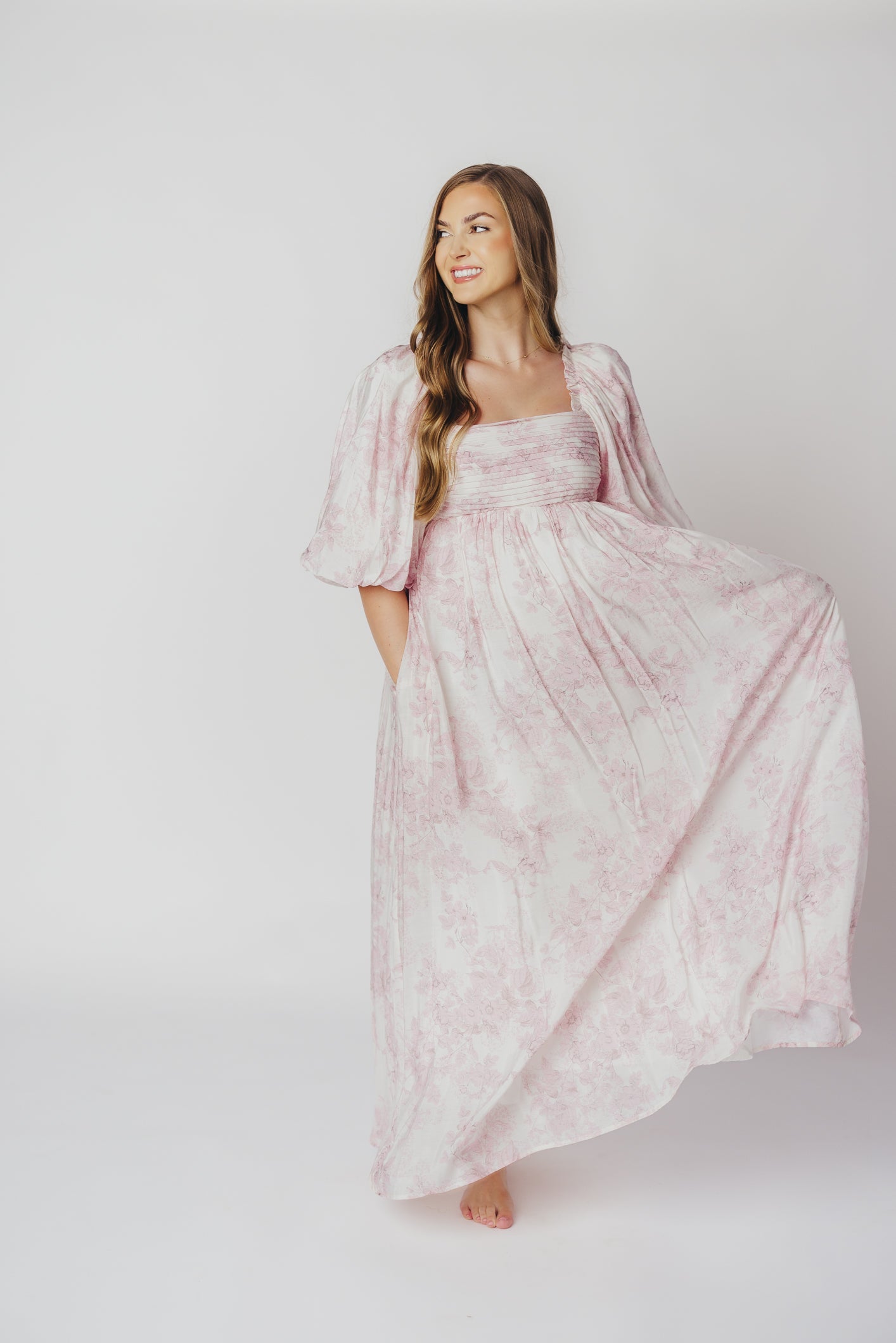 Melody Maxi Dress with Pleats and Bow Detail in Pink Toile - Bump Friendly & Inclusive Sizing (XL-3XL)