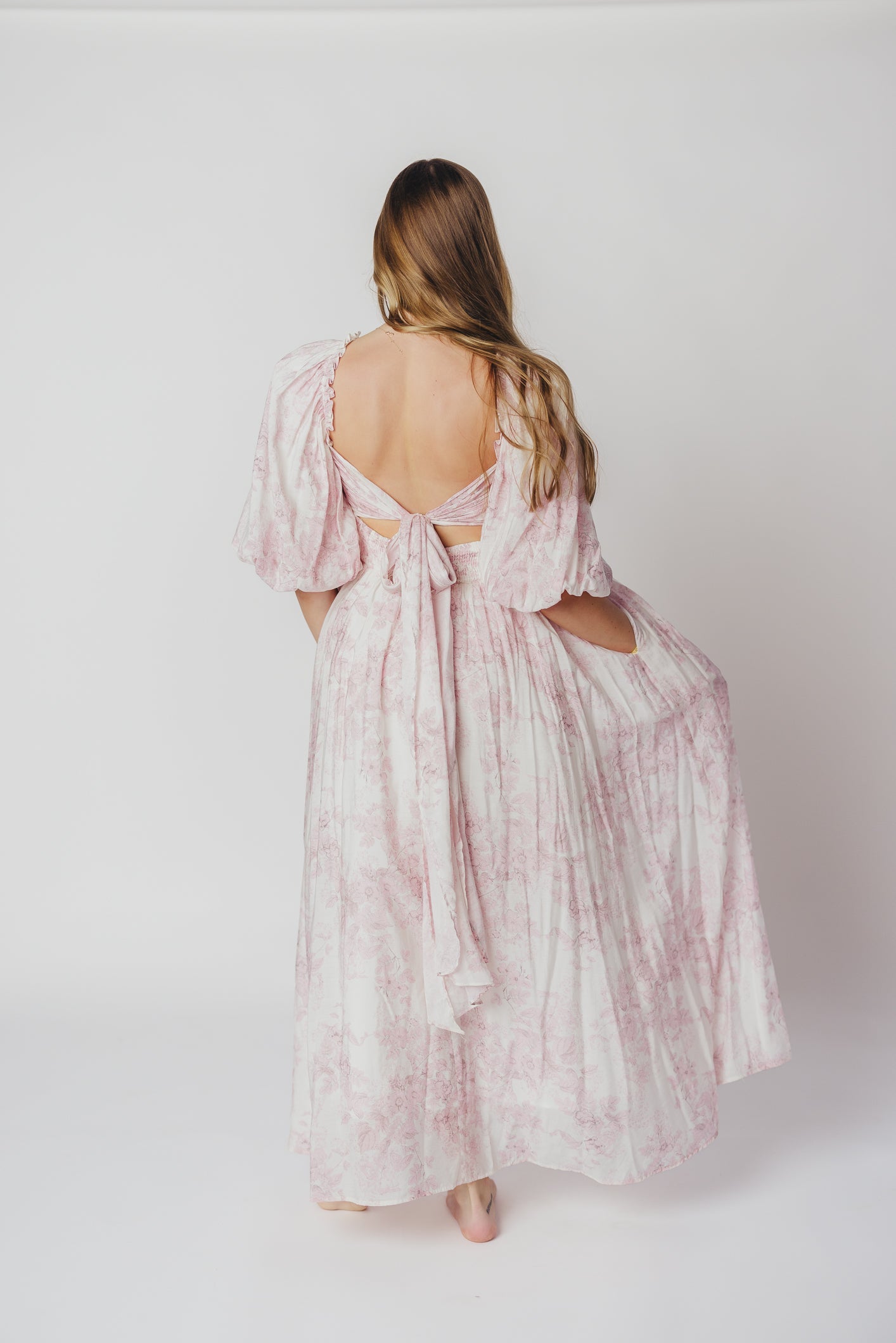 Melody Maxi Dress with Pleats and Bow Detail in Pink Toile - Bump Friendly & Inclusive Sizing (XL-3XL)