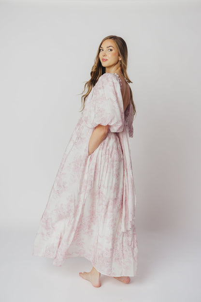 Melody Maxi Dress with Pleats and Bow Detail in Pink Toile - Bump Friendly & Inclusive Sizing (XL-3XL)