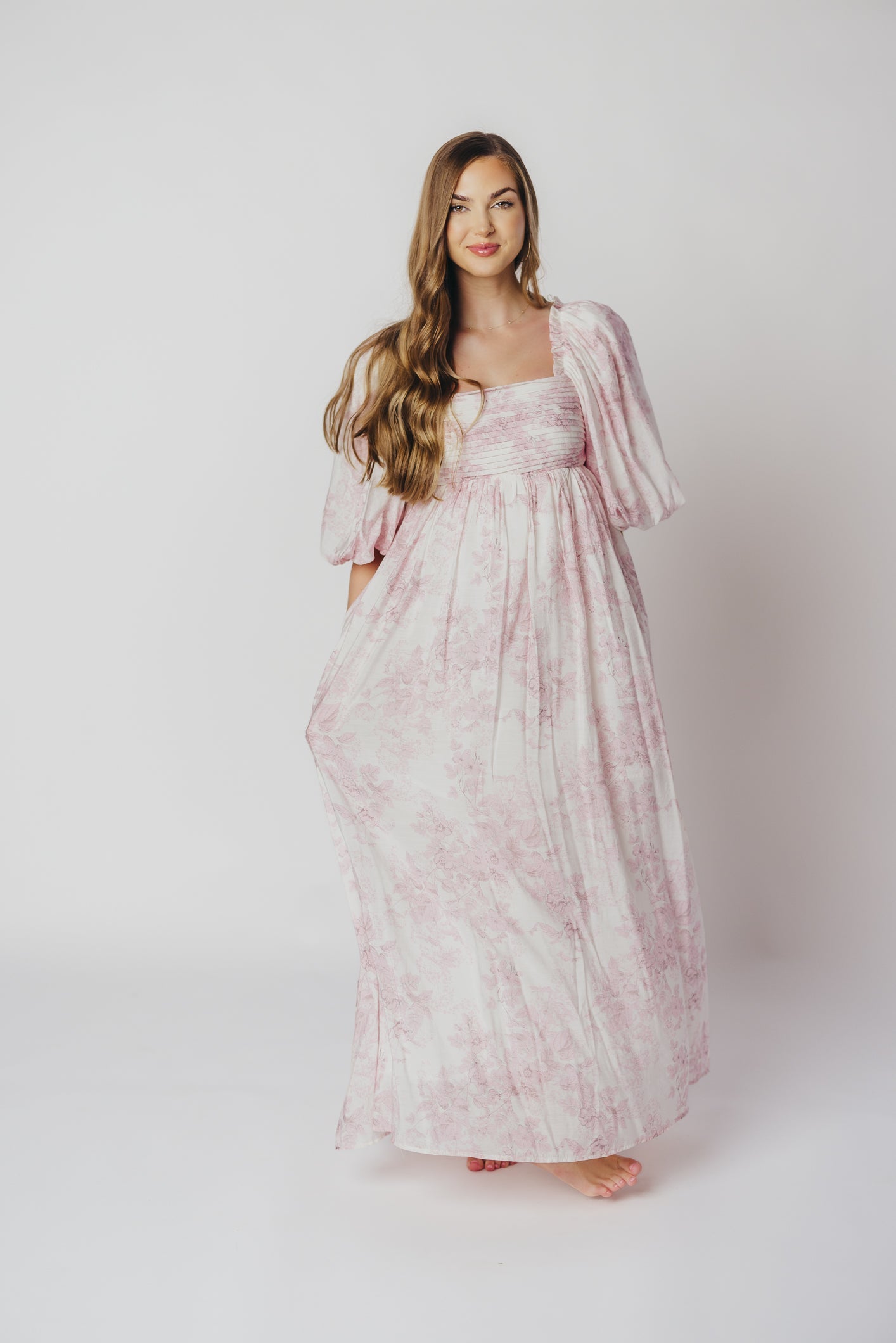 Melody Maxi Dress with Pleats and Bow Detail in Pink Toile - Bump Friendly & Inclusive Sizing (XL-3XL)