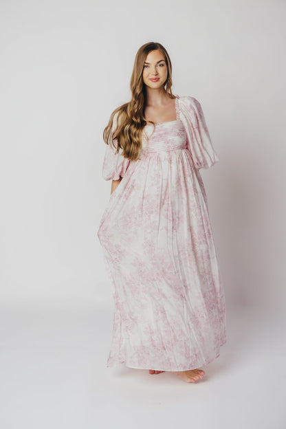 Melody Maxi Dress with Pleats and Bow Detail in Pink Toile - Bump Friendly & Inclusive Sizing (XL-3XL)