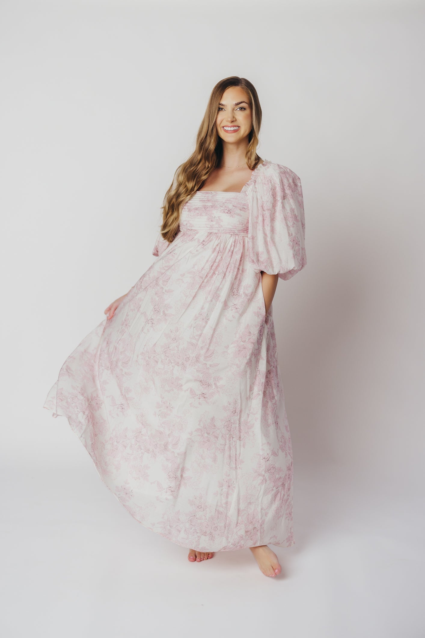 Melody Maxi Dress with Pleats and Bow Detail in Pink Toile - Bump Friendly & Inclusive Sizing (XL-3XL)