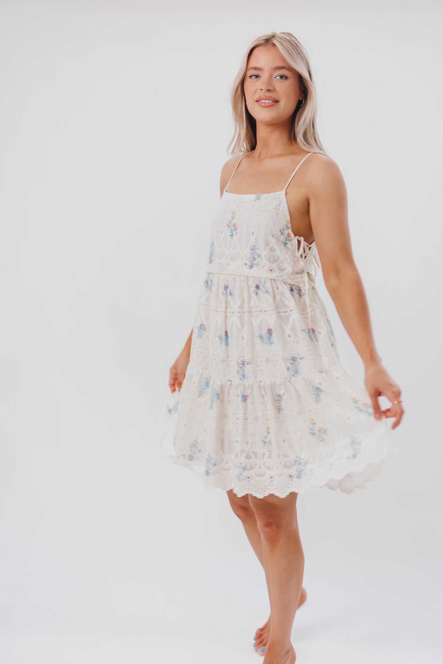 Joyce Embroidered Mini Dress in Blue Floral