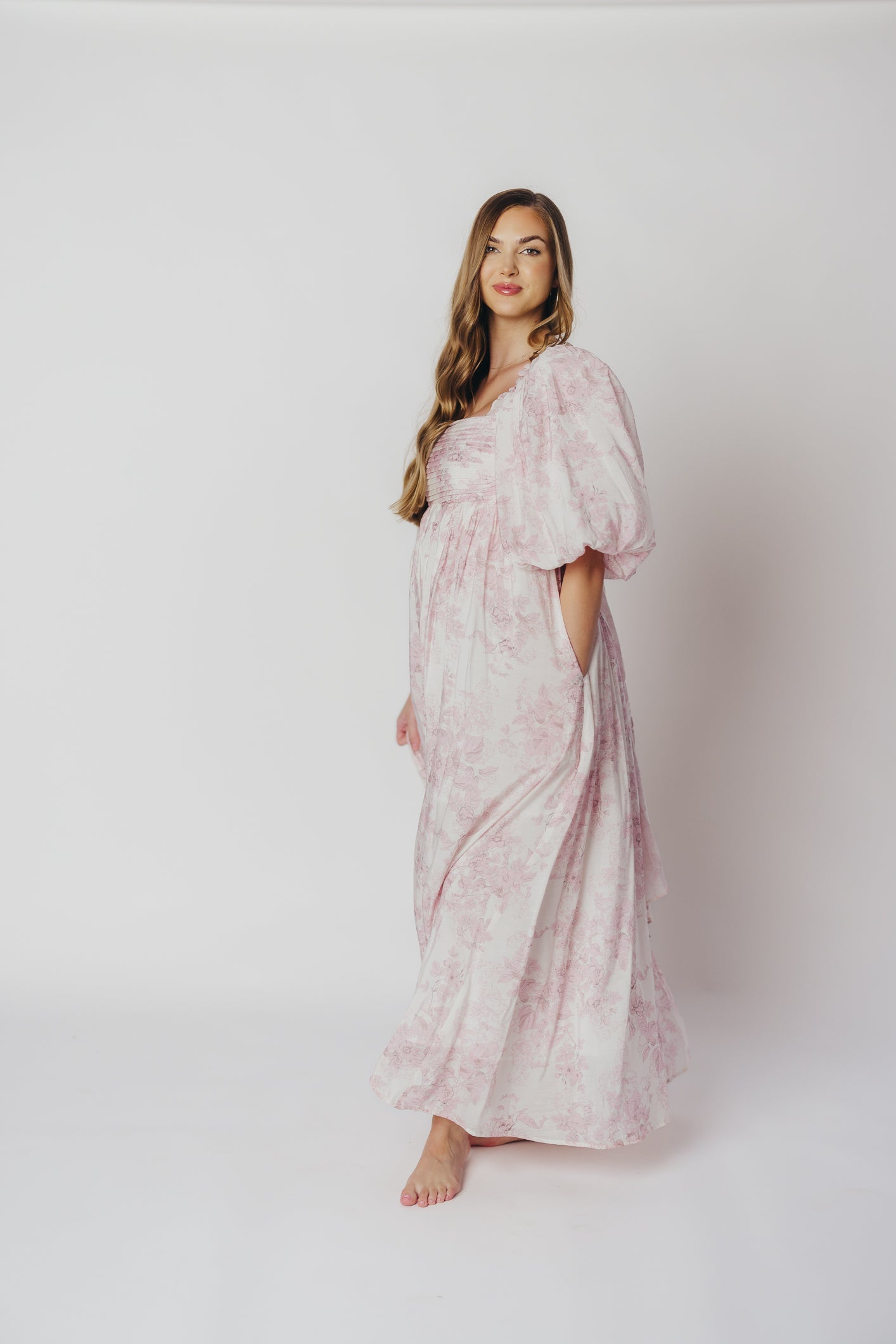 Melody Maxi Dress with Pleats and Bow Detail in Pink Toile - Bump Friendly & Inclusive Sizing (XL-3XL)