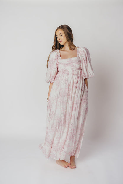 Melody Maxi Dress with Pleats and Bow Detail in Pink Toile - Bump Friendly & Inclusive Sizing (XL-3XL)