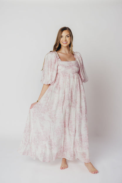 Melody Maxi Dress with Pleats and Bow Detail in Pink Toile - Bump Friendly & Inclusive Sizing (XL-3XL)