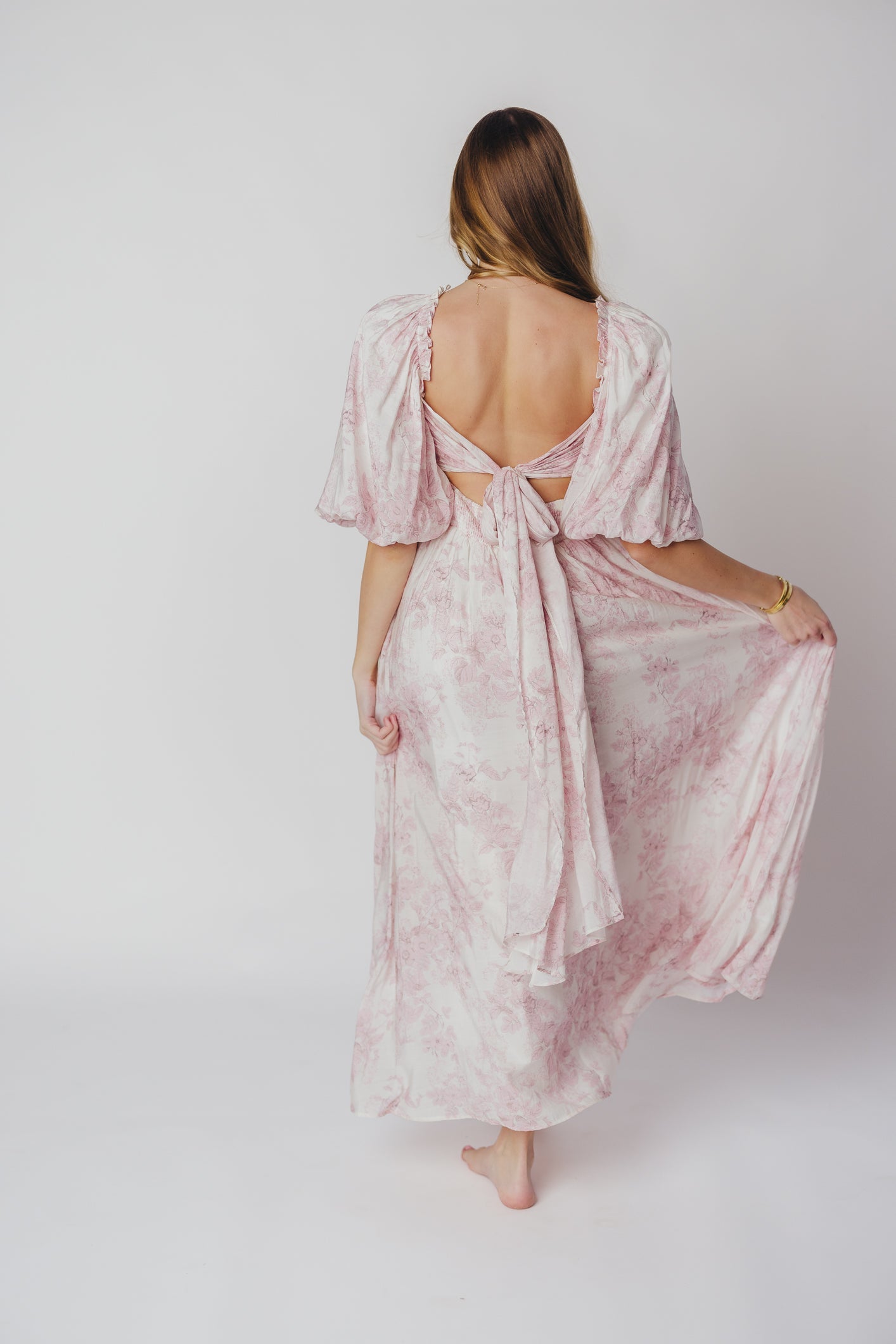 Melody Maxi Dress with Pleats and Bow Detail in Pink Toile - Bump Friendly & Inclusive Sizing (XL-3XL)