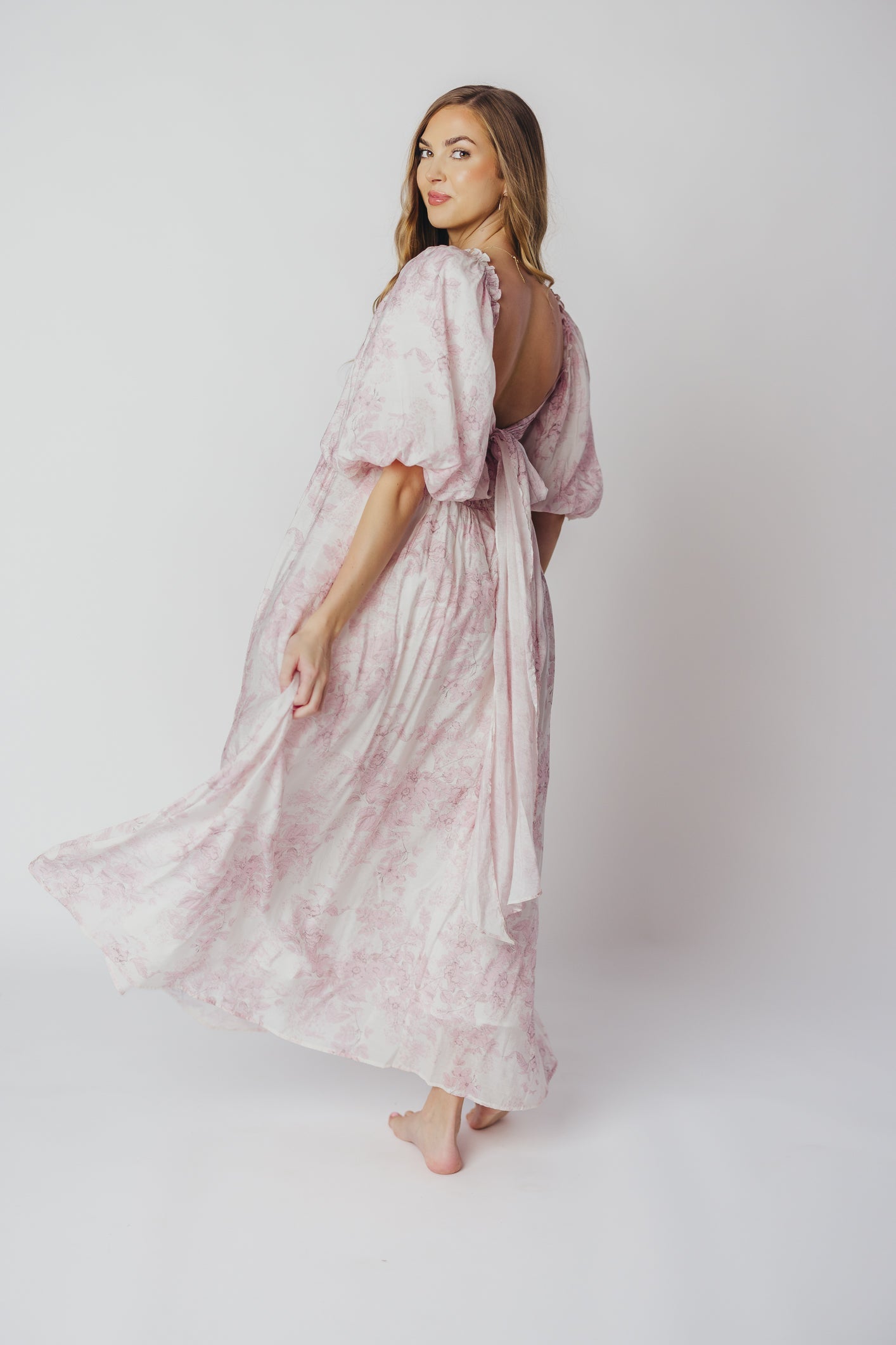 Melody Maxi Dress with Pleats and Bow Detail in Pink Toile - Bump Friendly & Inclusive Sizing (XL-3XL)